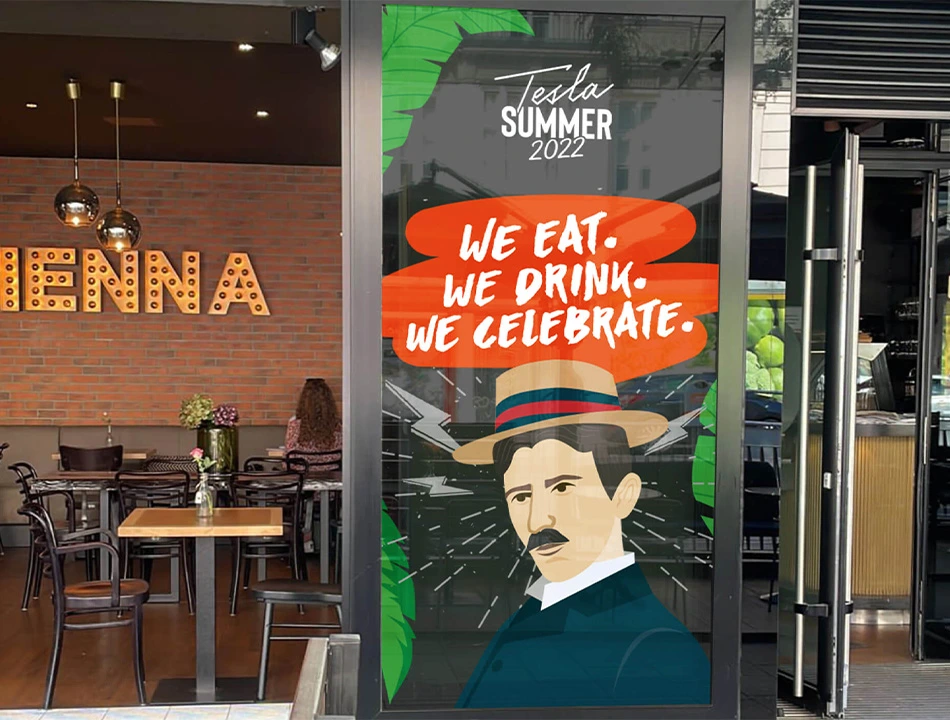 Tesla Coffee Fensterbeklebung Tesla Coffee Fensterbeklebung
