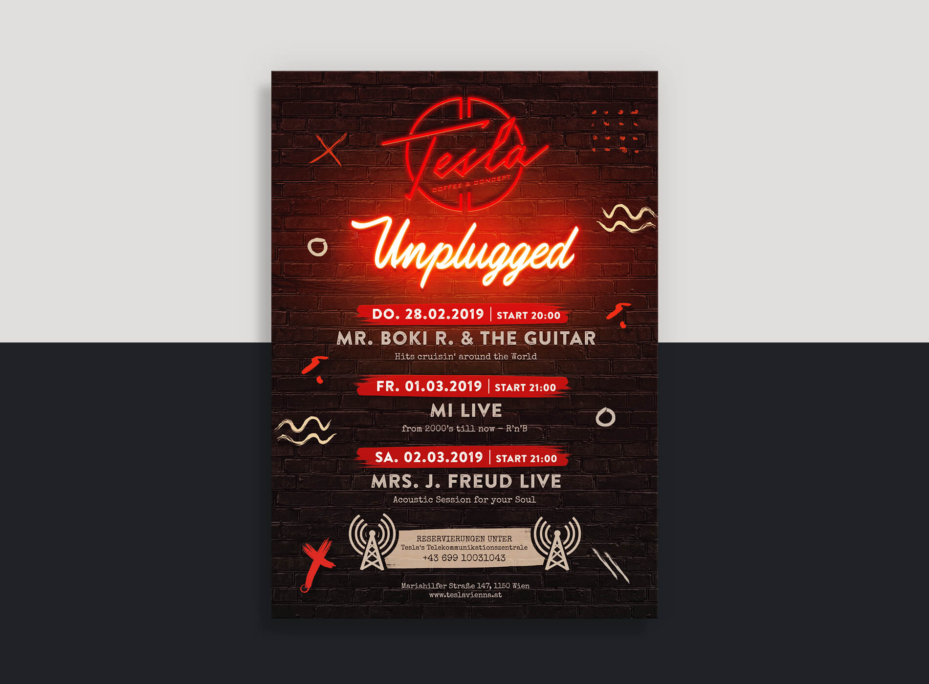 Tesla Coffee Unplugged Poster Grafikdesign