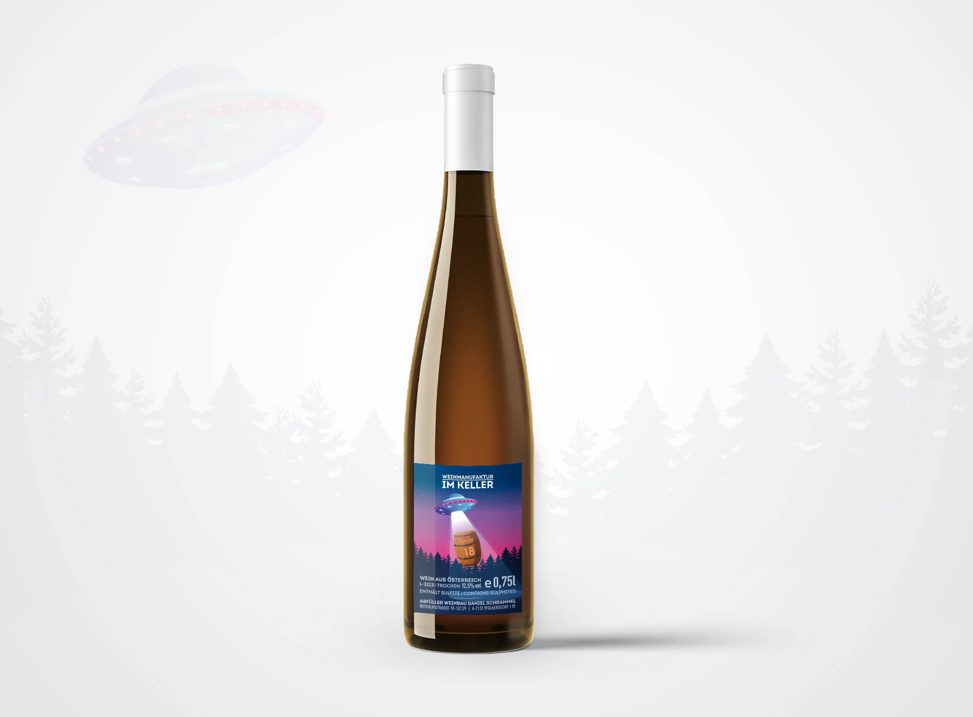 Wein im Keller Barrique Ufo Etikett Grafikdesign